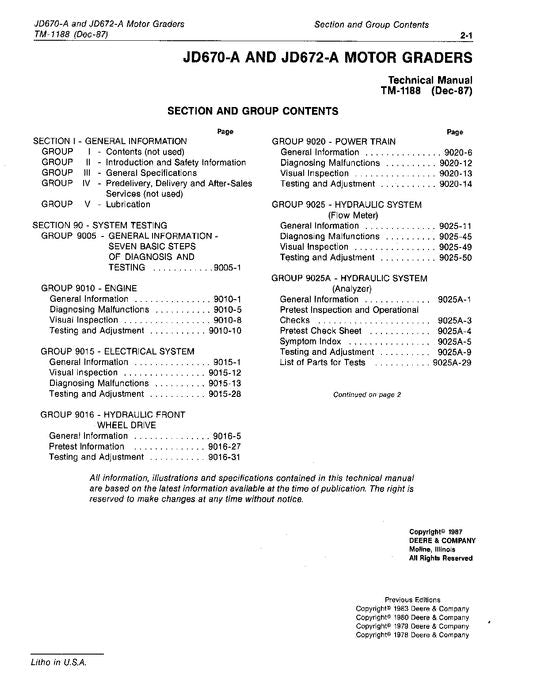 JOHN DEERE 670A 672A MOTOR GRADER OPERATION TEST MANUAL TM1188OP