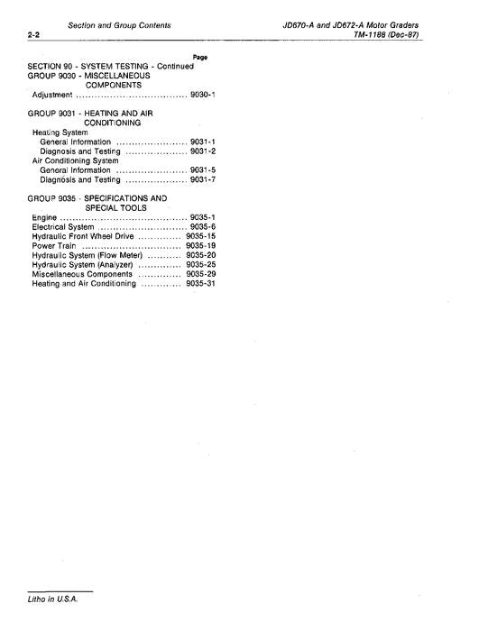 JOHN DEERE 670A 672A MOTOR GRADER OPERATION TEST MANUAL TM1188OP