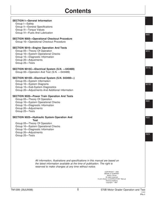 JOHN DEERE 570B MOTOR GRADER OPERATION TEST MANUAL TM1399