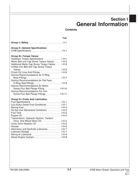 JOHN DEERE 570B MOTOR GRADER OPERATION TEST MANUAL TM1399