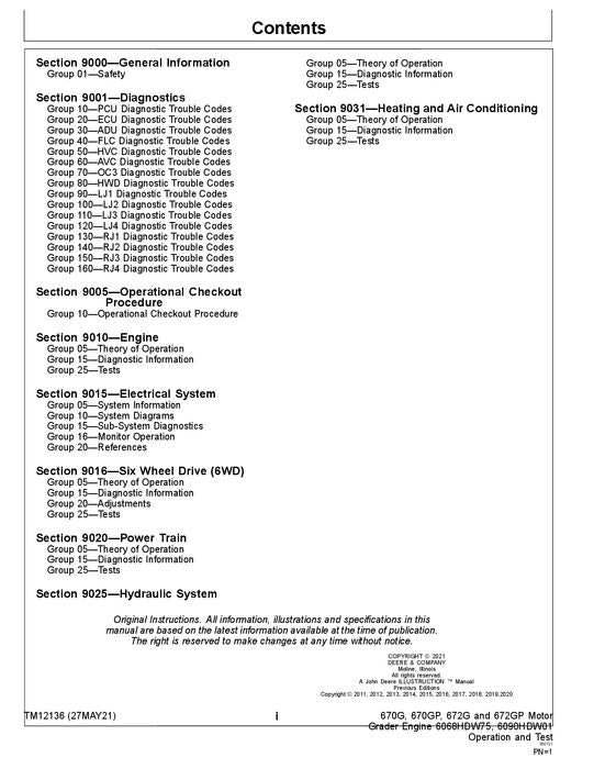 JOHN DEERE 670G 670GP 672G 672GP GRADER OPERATION TEST SERVICE MANUAL #1