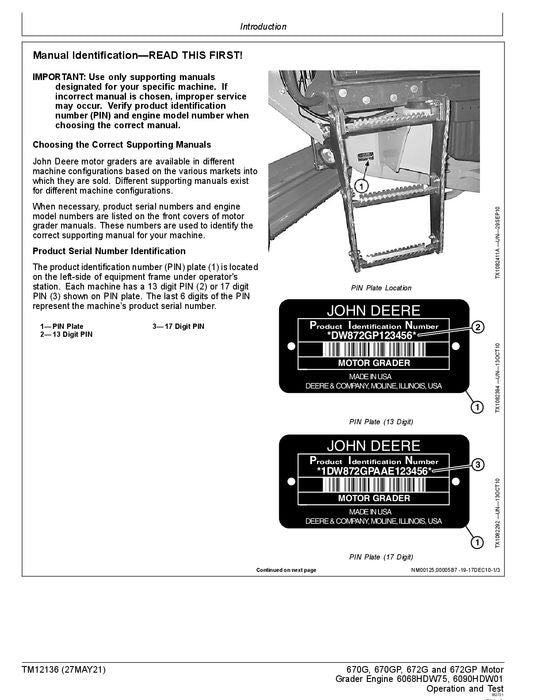 JOHN DEERE 670G 670GP 672G 672GP GRADER OPERATION TEST SERVICE MANUAL #1