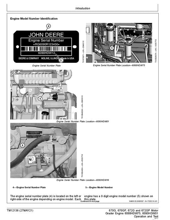 JOHN DEERE 670G 670GP 672G 672GP GRADER-BETRIEBSTEST-SERVICEHANDBUCH Nr. 1