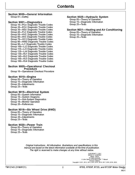 JOHN DEERE 870G 870GP 872G 872GP GRADER OPERATION TEST SERVICE MANUAL #1