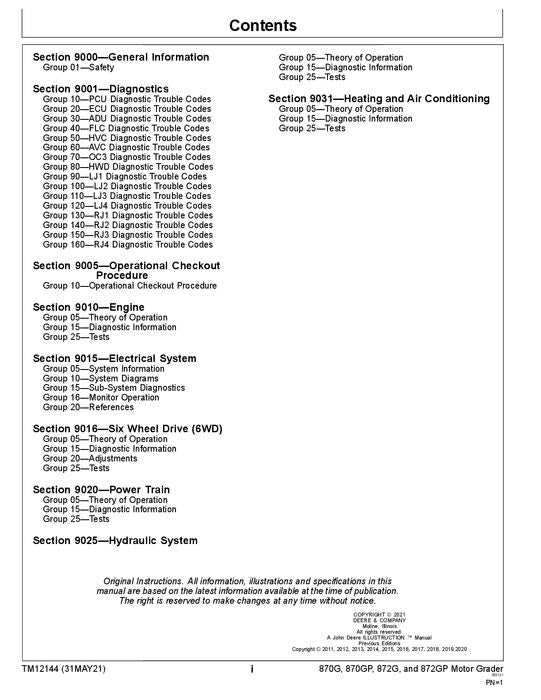 JOHN DEERE 870G 870GP 872G 872GP GRADER OPERATION TEST SERVICE MANUAL #2