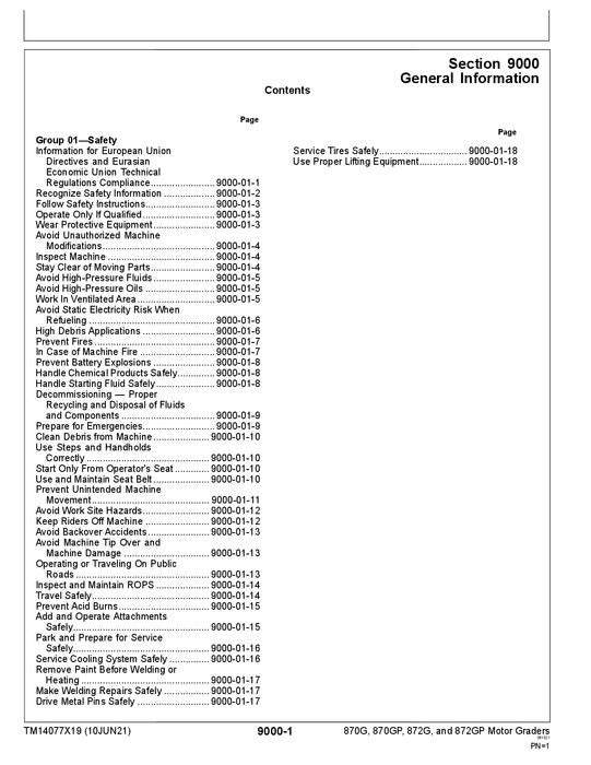 JOHN DEERE 870G 870GP 872G 872GP GRADER OPERATION TEST SERVICE MANUAL TM14077X19