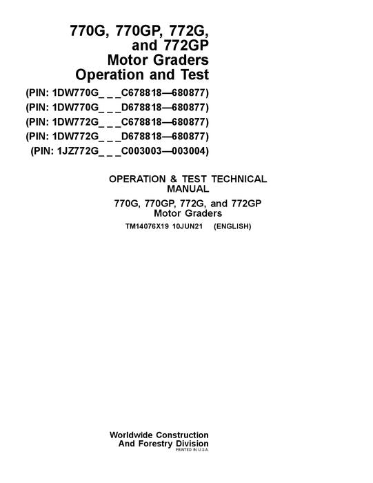 JOHN DEERE 770G 770GP 772G 772GP GRADER OPERATION TEST SERVICE MANUAL #4