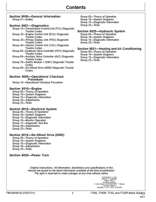 JOHN DEERE 770G 770GP 772G 772GP GRADER OPERATION TEST SERVICE MANUAL TM14070X19