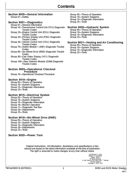 JOHN DEERE 620G 622G MOTOR GRADER OPERATION TEST MANUAL TM14438X019