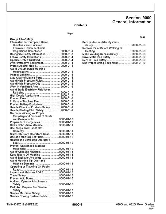 JOHN DEERE 620G 622G MOTOR GRADER OPERATION TEST MANUAL TM14438X019