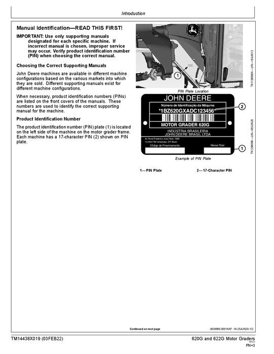 JOHN DEERE 620G 622G MOTOR GRADER OPERATION TEST MANUAL TM14438X019