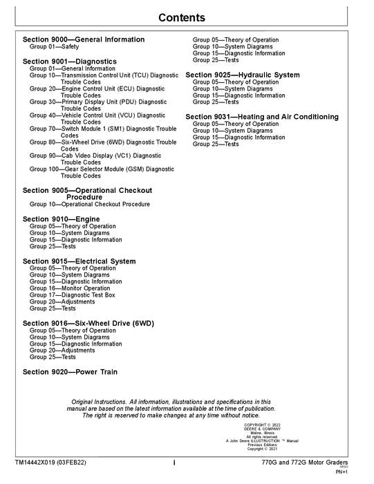 JOHN DEERE 770G 772G MOTOR GRADER OPERATION TEST MANUAL TM14442X019