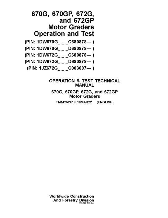 JOHN DEERE 670G 670GP 672G 672GP GRADER-BETRIEBSTEST-SERVICEHANDBUCH Nr. 9