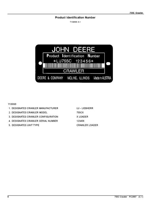 JOHN DEERE 755C 755CII CRAWLER LOADER PARTS CATALOG MANUAL