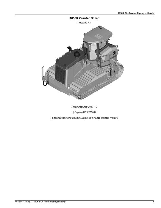 JOHN DEERE 1050K PL CRAWLER LOADER PARTS CATALOG MANUAL