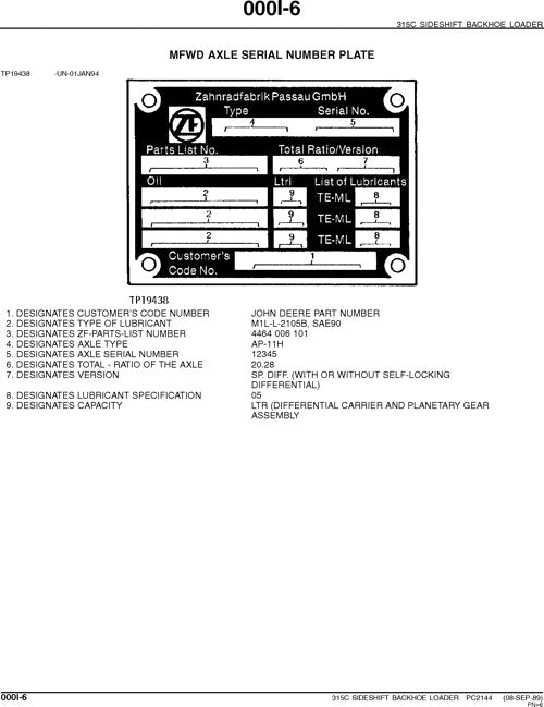 JOHN DEERE 315C BACKHOE PARTS CATALOG MANUAL