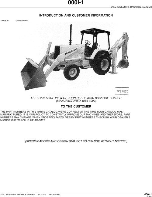 JOHN DEERE 315C BACKHOE PARTS CATALOG MANUAL