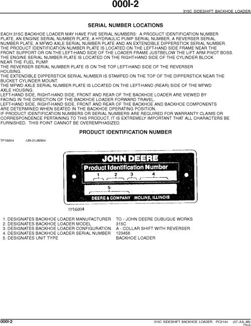 JOHN DEERE 315C BACKHOE PARTS CATALOG MANUAL