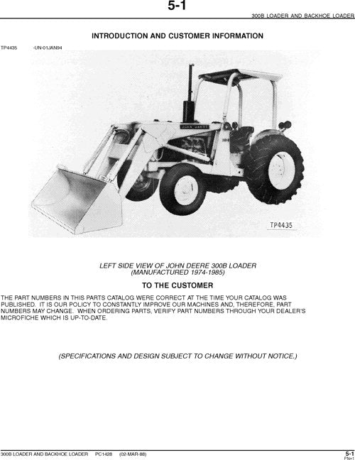 JOHN DEERE 300B BACKHOE PARTS CATALOG MANUAL