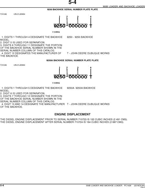 JOHN DEERE 300B BACKHOE PARTS CATALOG MANUAL