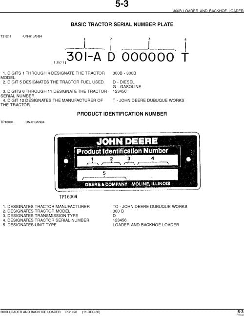 JOHN DEERE 300B BACKHOE PARTS CATALOG MANUAL