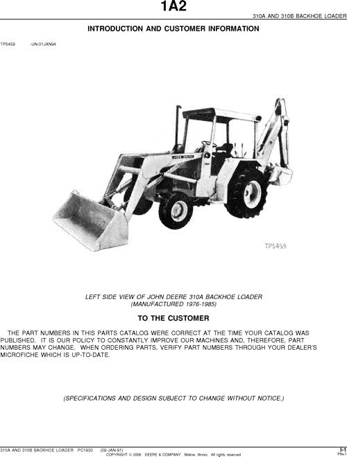 JOHN DEERE 310A 310B BACKHOE PARTS CATALOG MANUAL