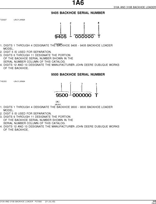 JOHN DEERE 310A 310B BACKHOE PARTS CATALOG MANUAL