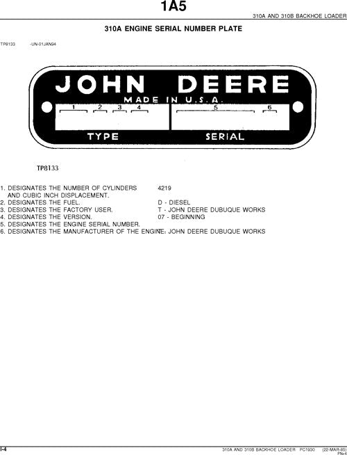 JOHN DEERE 310A 310B BACKHOE PARTS CATALOG MANUAL