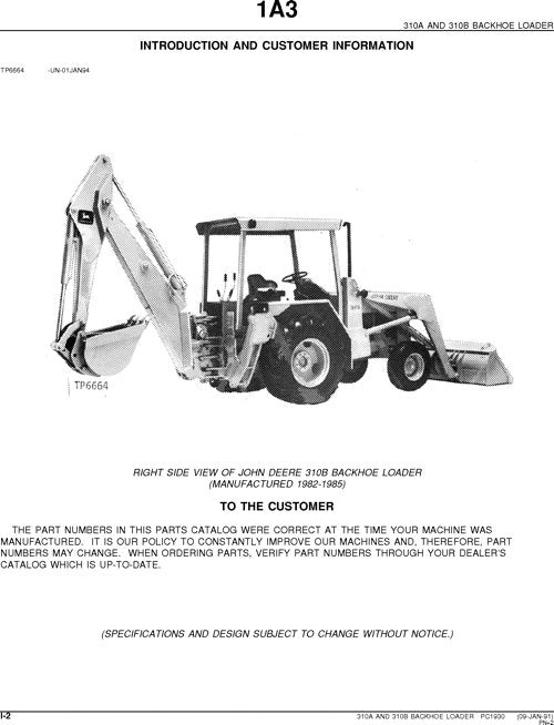 JOHN DEERE 310A 310B BACKHOE PARTS CATALOG MANUAL