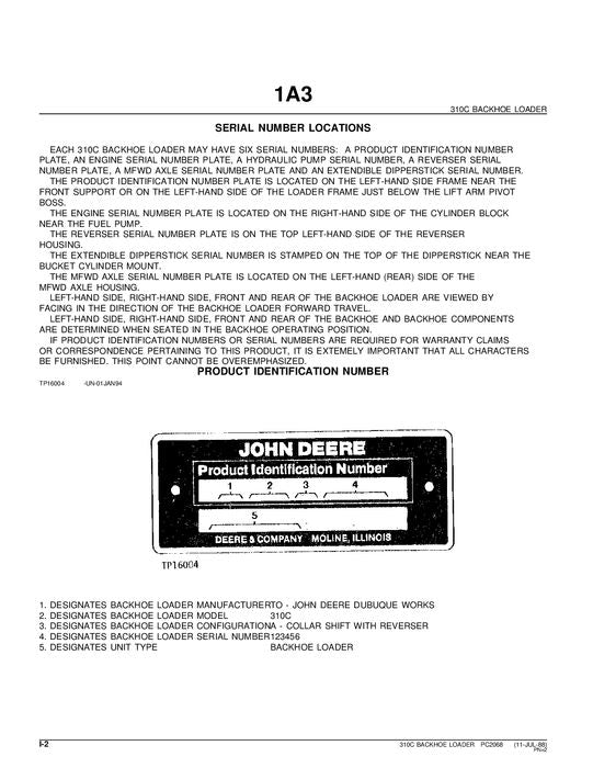 JOHN DEERE 310C BACKHOE PARTS CATALOG MANUAL