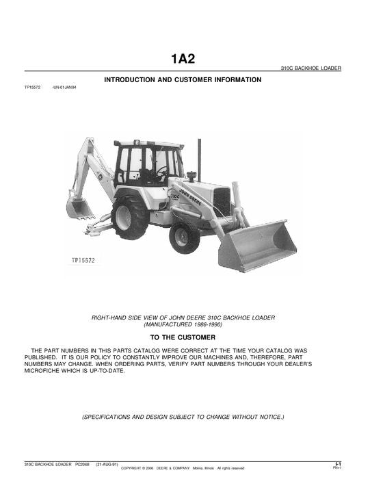 JOHN DEERE 310C BACKHOE PARTS CATALOG MANUAL