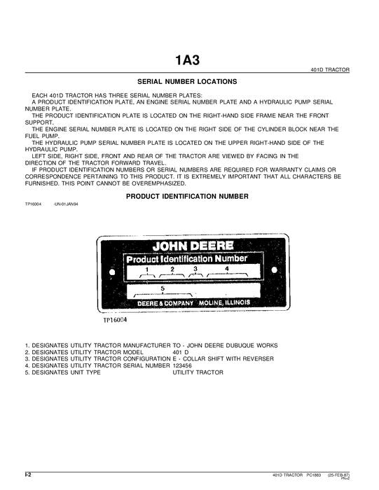 JOHN DEERE 401D BACKHOE PARTS CATALOG MANUAL