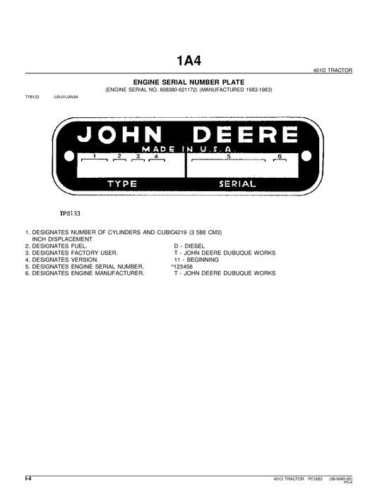 JOHN DEERE 401D BACKHOE PARTS CATALOG MANUAL