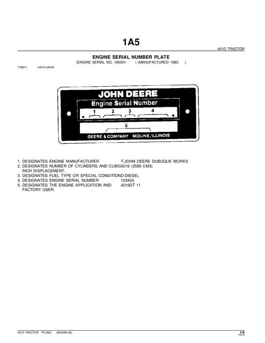 JOHN DEERE 401D BACKHOE PARTS CATALOG MANUAL