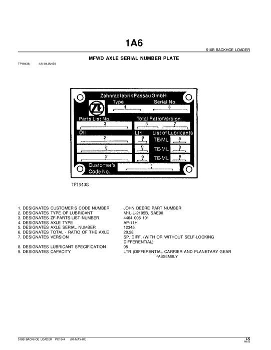 JOHN DEERE 510B BACKHOE PARTS CATALOG MANUAL