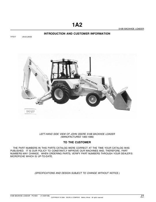 JOHN DEERE 510B BACKHOE PARTS CATALOG MANUAL