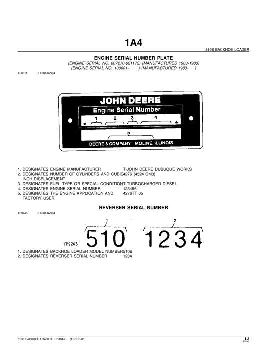 JOHN DEERE 510B BACKHOE PARTS CATALOG MANUAL