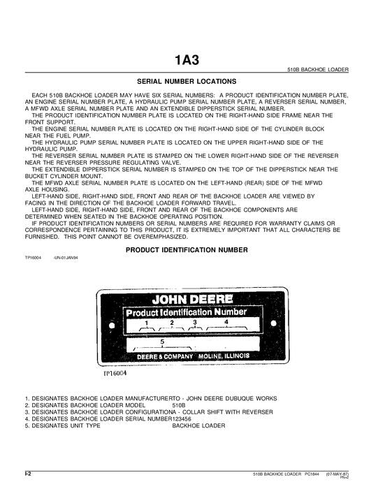 JOHN DEERE 510B BACKHOE PARTS CATALOG MANUAL