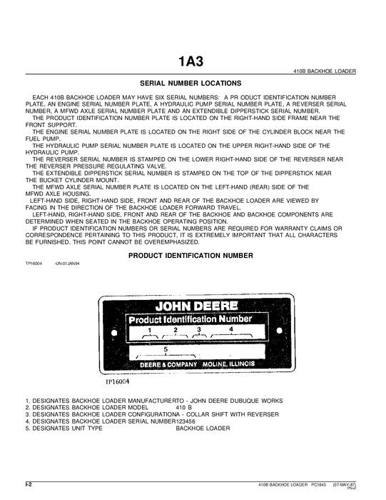 JOHN DEERE 410B BACKHOE PARTS CATALOG MANUAL