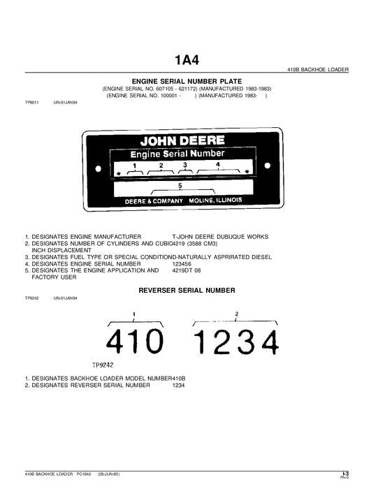 JOHN DEERE 410B BACKHOE PARTS CATALOG MANUAL