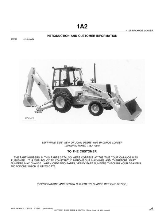 JOHN DEERE 410B BACKHOE PARTS CATALOG MANUAL