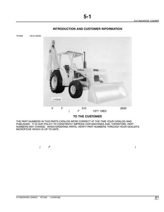 JOHN DEERE 510 BACKHOE PARTS CATALOG MANUAL