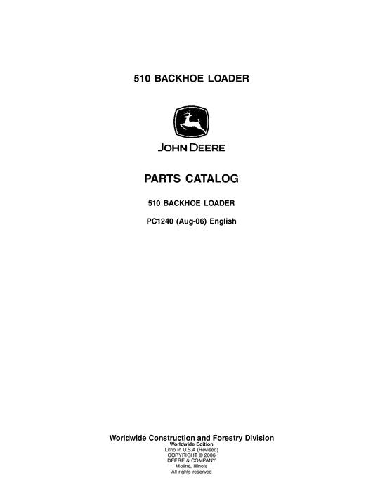 JOHN DEERE 510 BACKHOE PARTS CATALOG MANUAL