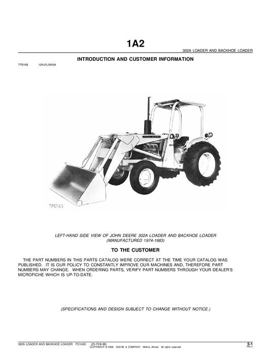 MANUEL DU CATALOGUE DES PIÈCES DE LA PELLE RÉTROCAVEUSE JOHN DEERE 302A