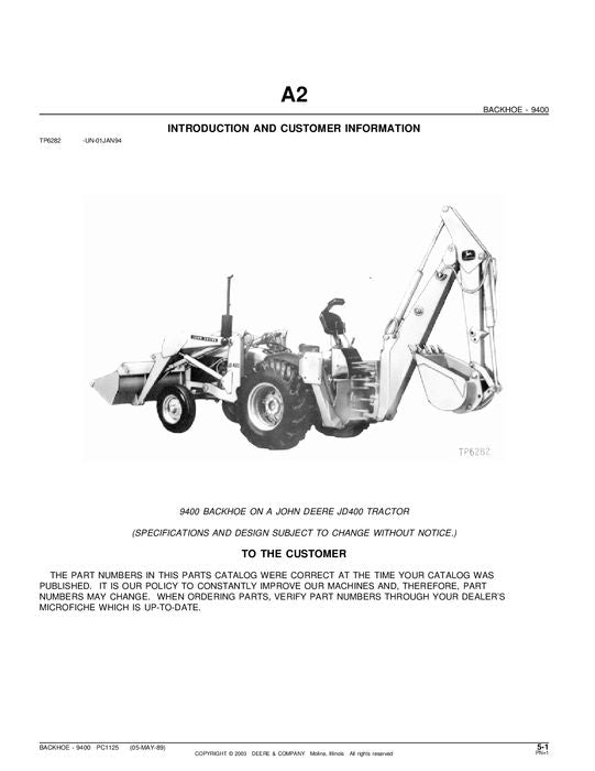 MANUEL DU CATALOGUE DES PIÈCES DE LA RÉTROCAVEUSE JOHN DEERE 9400