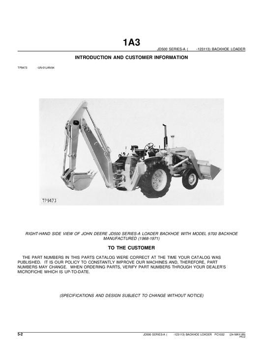 JOHN DEERE 500A BAGGERBAGGER-ERSATZTEILKATALOGHANDBUCH