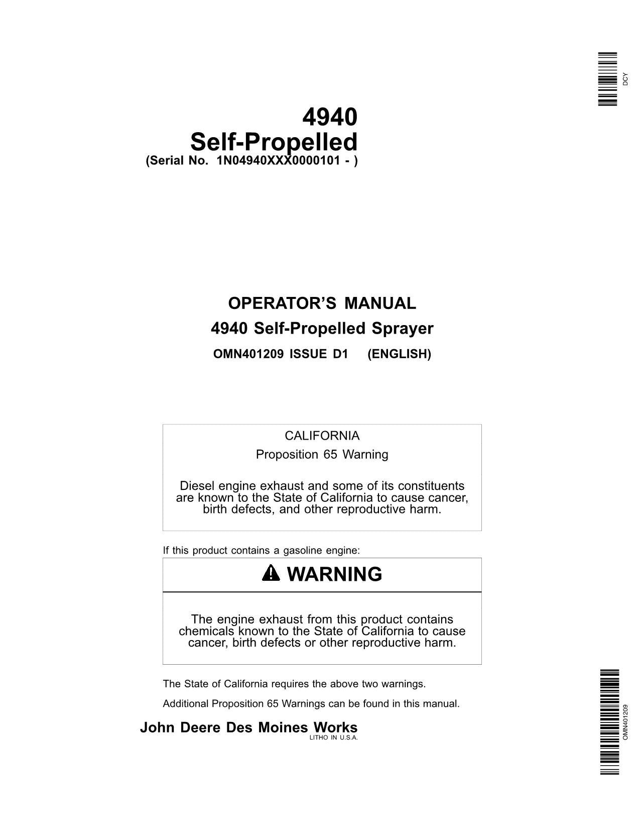 JOHN DEERE 4940 SPRAYER OPERATORS MANUAL