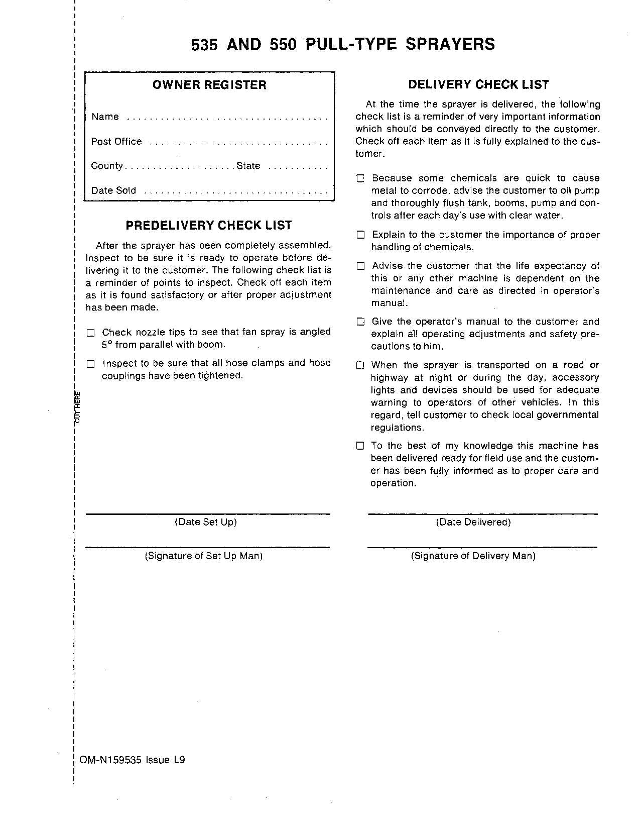 JOHN DEERE 535 550 SPRAYER OPERATORS MANUAL