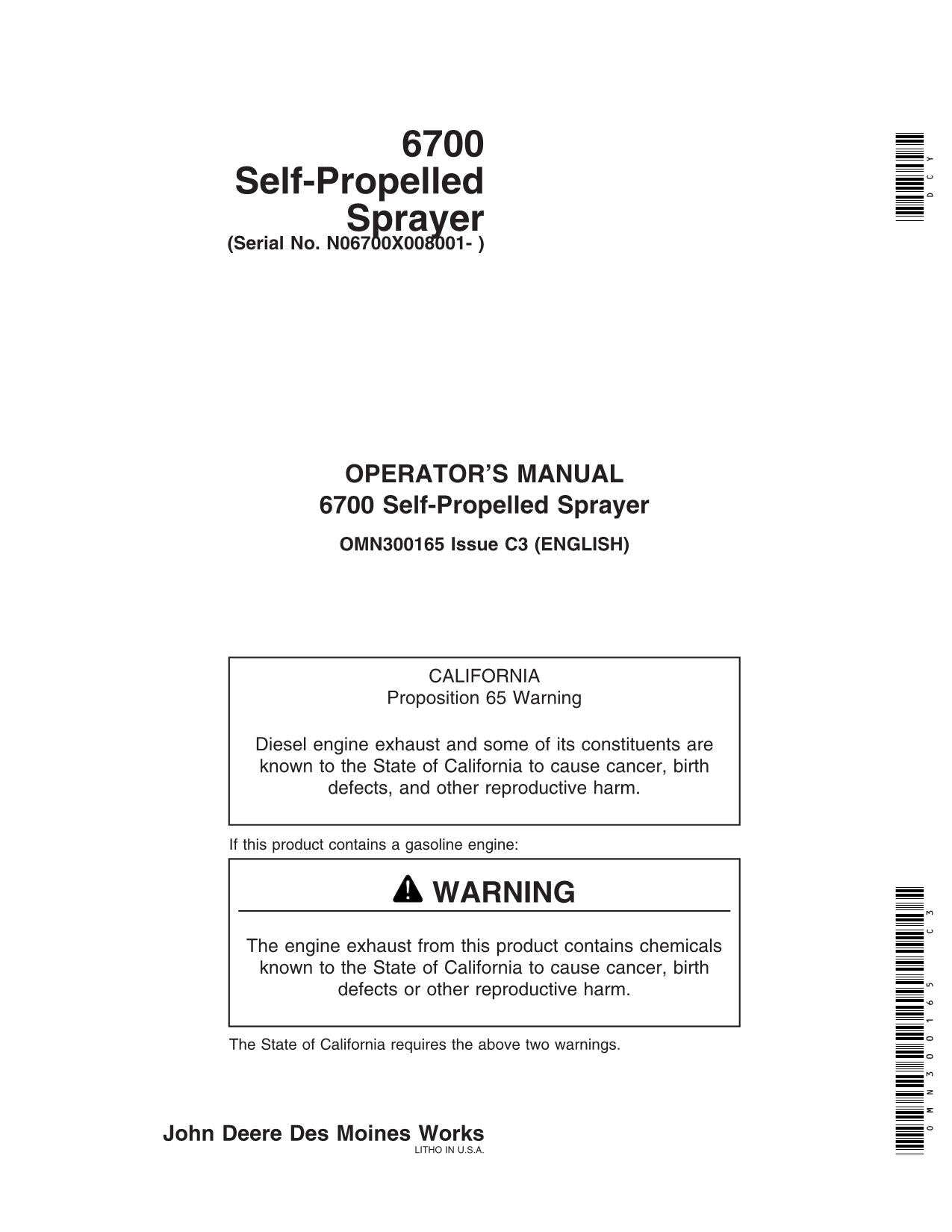 JOHN DEERE 6700 SPRAYER OPERATORS MANUAL #2