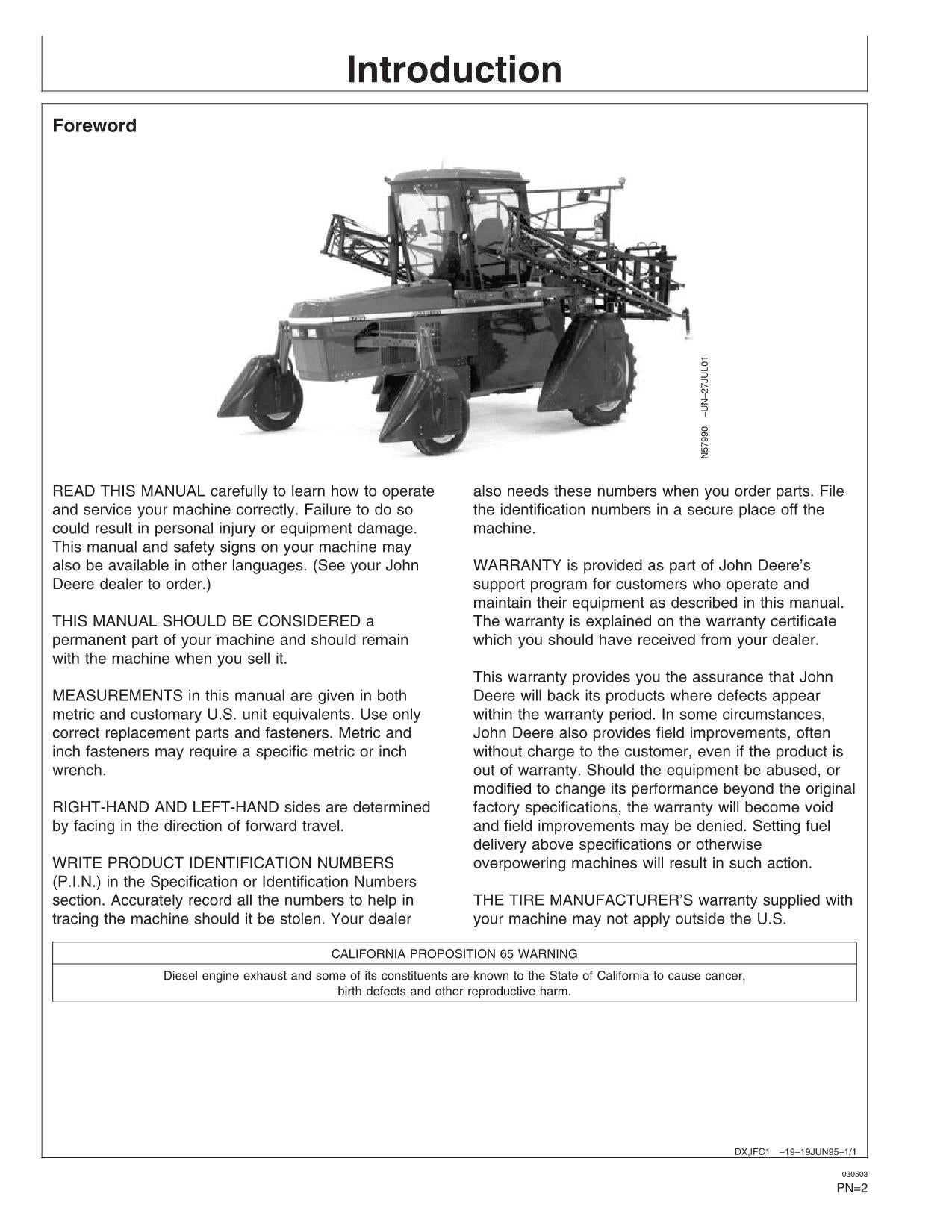 JOHN DEERE 6700 SPRAYER OPERATORS MANUAL #2